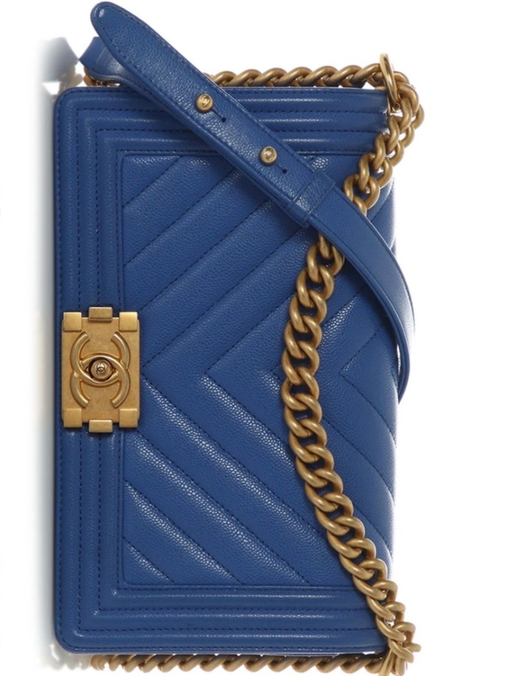 AUTHENTIC CHANEL OLD MEDIUM BOY BAG, CHEVRON-QUILTED CAVIAR, COBALT BLUE 2024